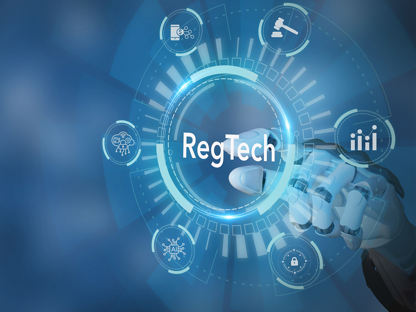 This illustration has the text "RegTech" at the center of a blue digital-concept circle that is surrounded by icons related to AML Compliance and GRC. AML Partners specializes in AML Compliance software, KYC software, Transaction Monitoring software, GRC software.