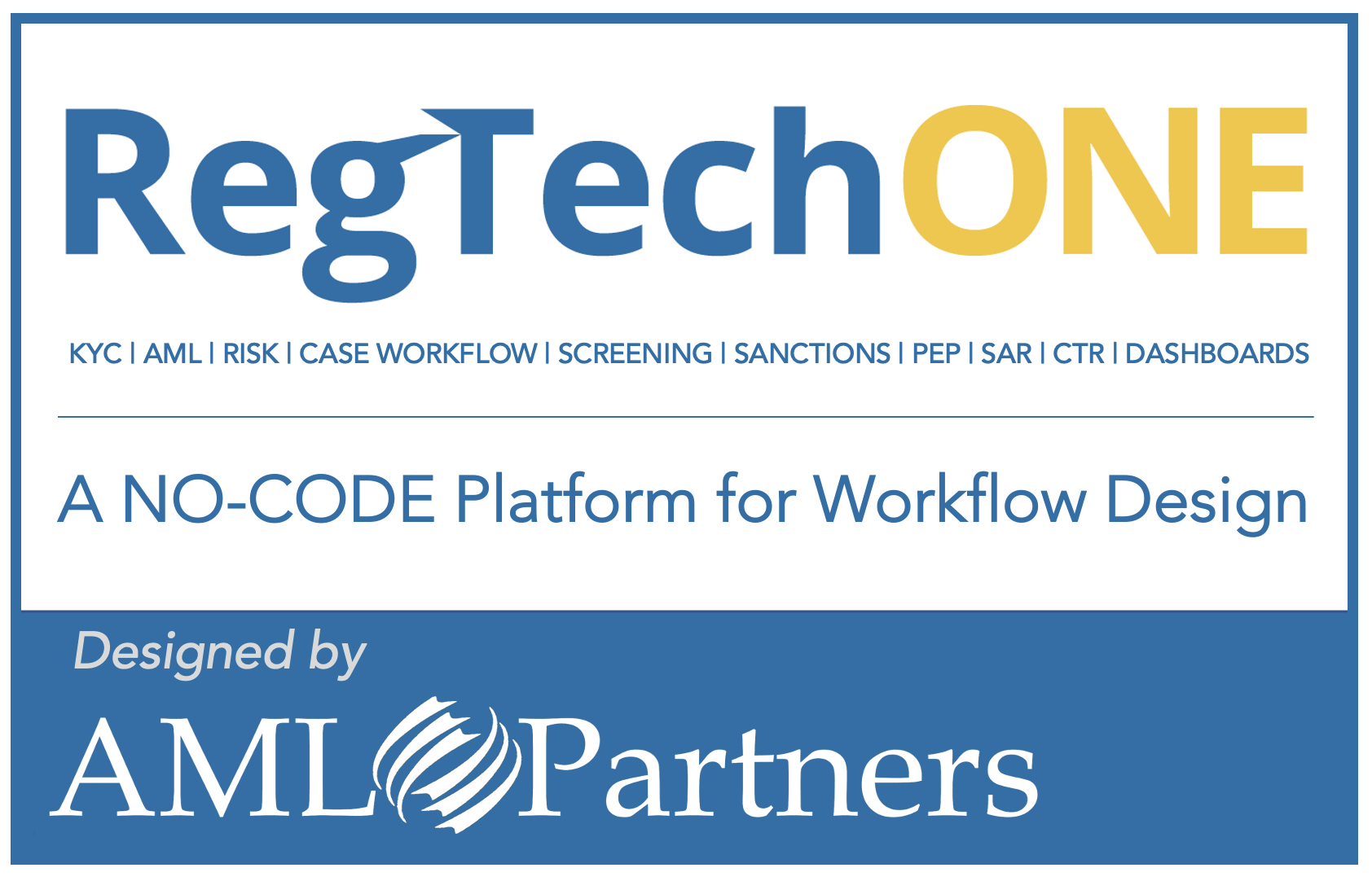 Art includes logos for RegTechONE and AML Partners. RegTechONE is an AML software platform with KYC software, transaction monitoring software, sanctions screening software, FinCEN 314a software, and more. Software for AML Compliance and GRC.