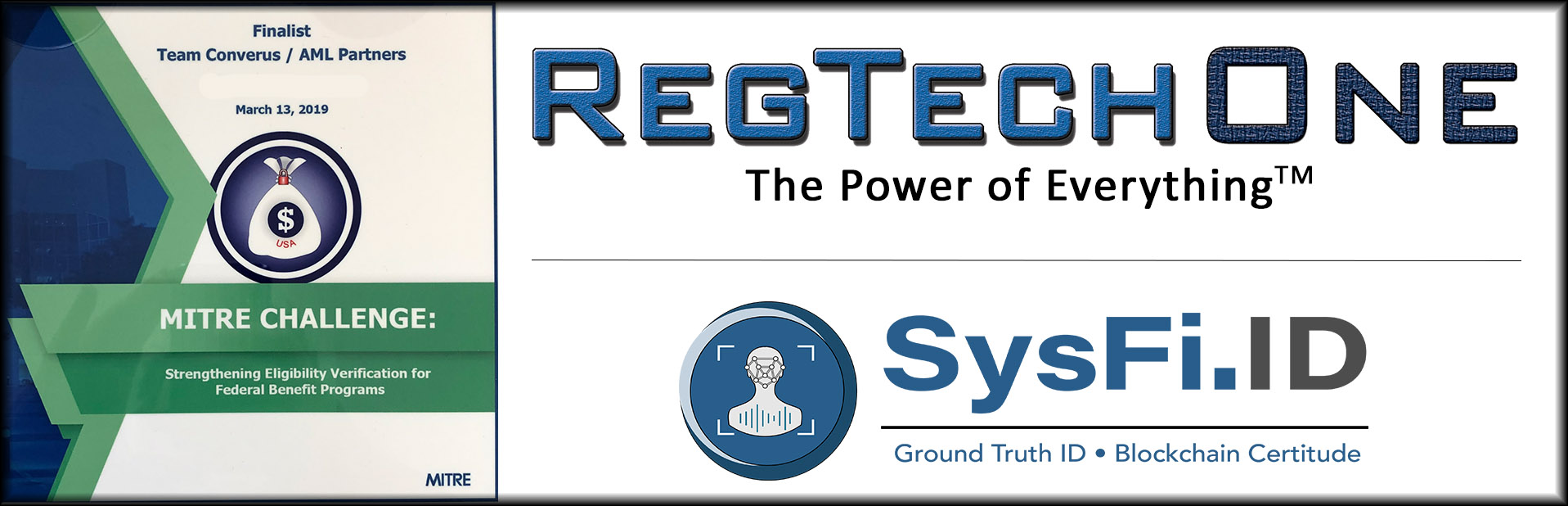 Art showing the MITRE Challenge finalist plaque and the logos for RegTech One and SysFi.ID