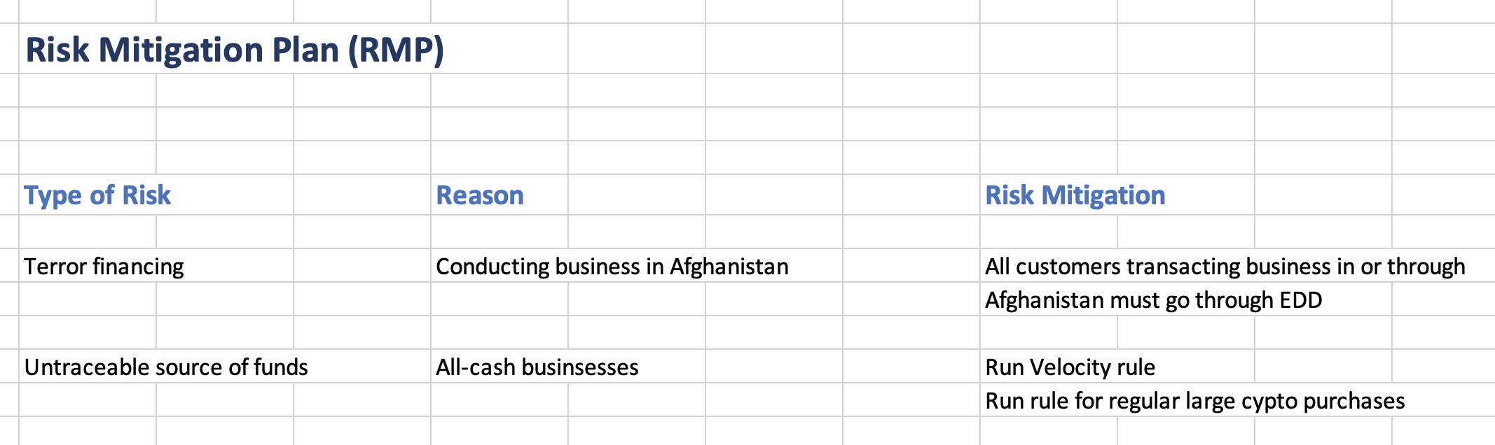 Excel sheet showing an RMP (only 2 examples)