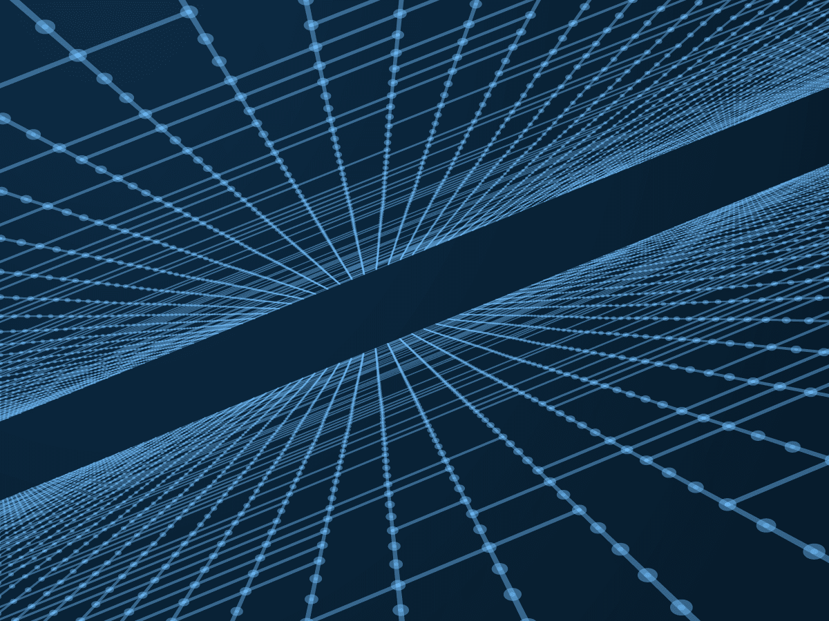 This illustration shows thin pale blue lines with pale blue dots on a darker blue background. There are line sets on the top and bottom that draw your eye to the 'horizon' of the image. It elicits a sense of abstract but highly organized high-tech. This image relates to content about the AML software and GRC software solutions of AML Partners and its RegTechONE platform for AML software.