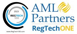 Logos of AML Partners, RegTechONE, and the 2023 RegTech100 list of most innovative companies in RegTech.