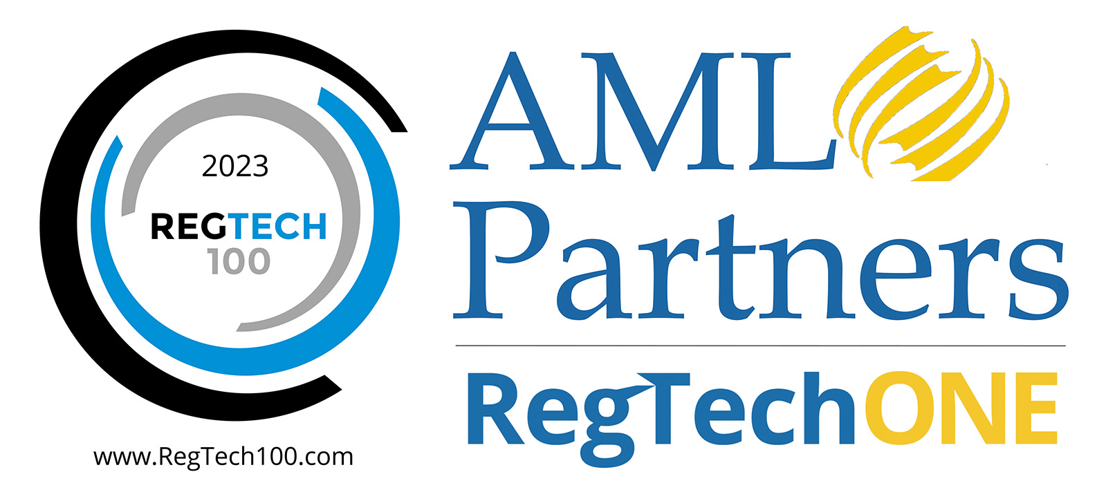 Logos of AML Partners, RegTechONE, and the 2023 RegTech100 list of most innovative companies in RegTech.
