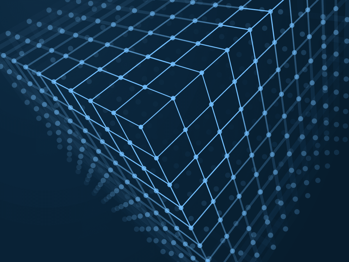 This illustration shows thin pale blue lines with pale blue dots on a darker blue background. The lines form small squares that as a whole make up a big square. It elicits a sense of abstract high-tech. This image relates to content about the AML software and GRC software solutions of AML Partners and its RegTechONE platform for AML software.