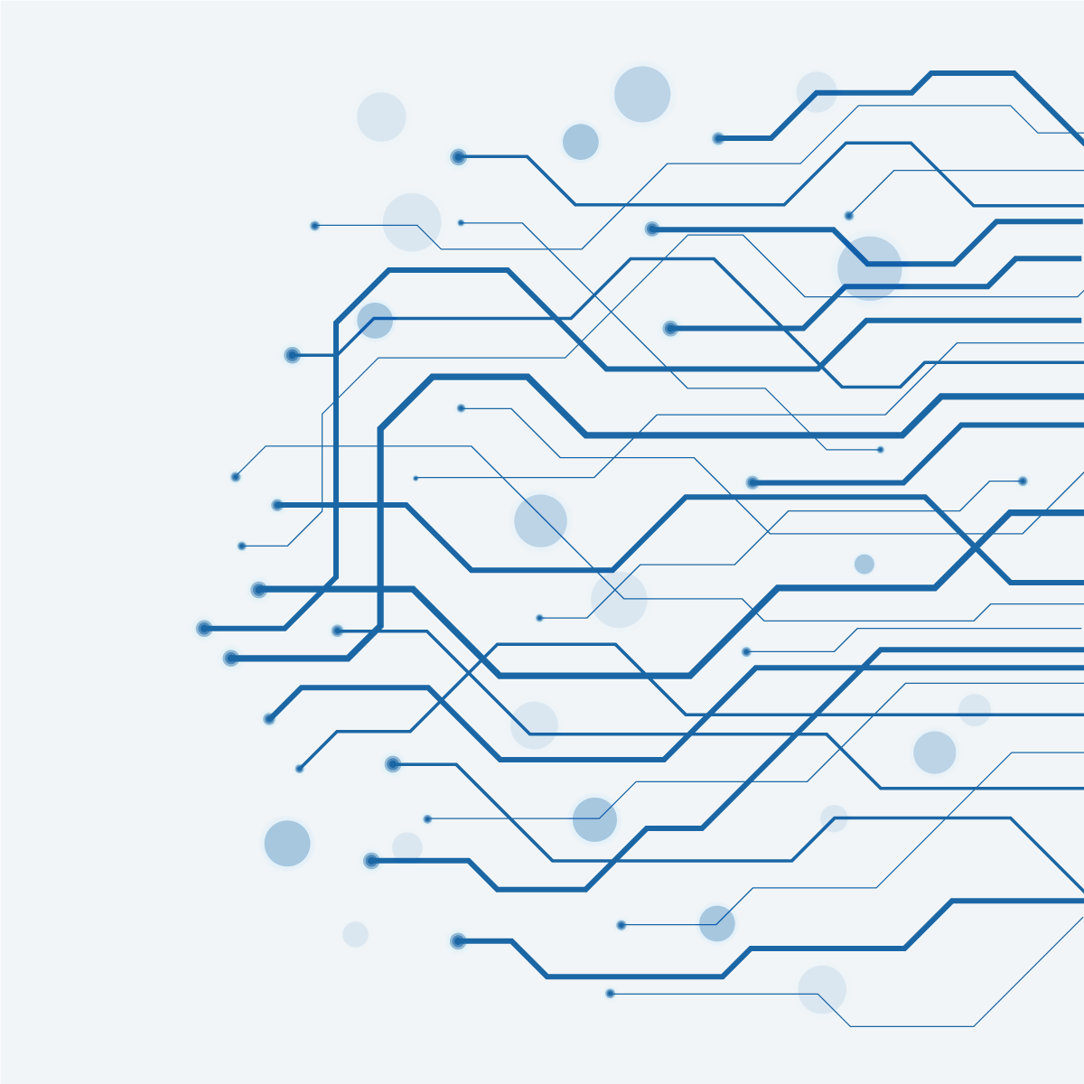 This art shows circuitry-style lines moving horizontally from right to left. There are also different sized dots. The art is abstract with a clear reference to technology. Color's: dark blue lines, medium blue dots, and a pale blue background. This art is shared on the website of AML Partners on their homepage. AML Partners designs RegTech platform software, AML software, KYC software, and more AML Compliance solutions and GRC tools.