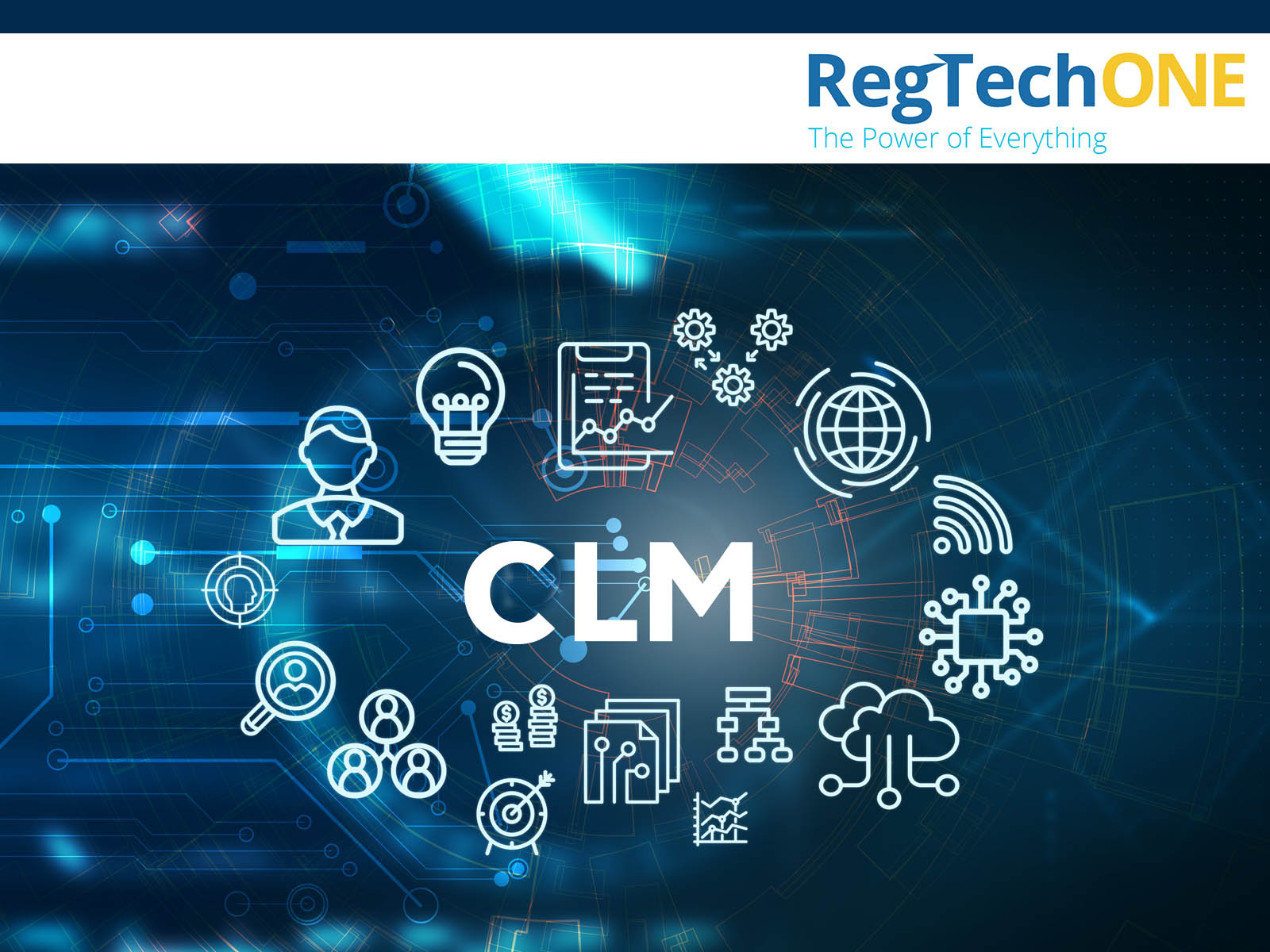 Graphic illustration showing icons for Client Lifecycle Management on the RegTechONE platform, which offers KYC software, AML software, CLM software, and much more.