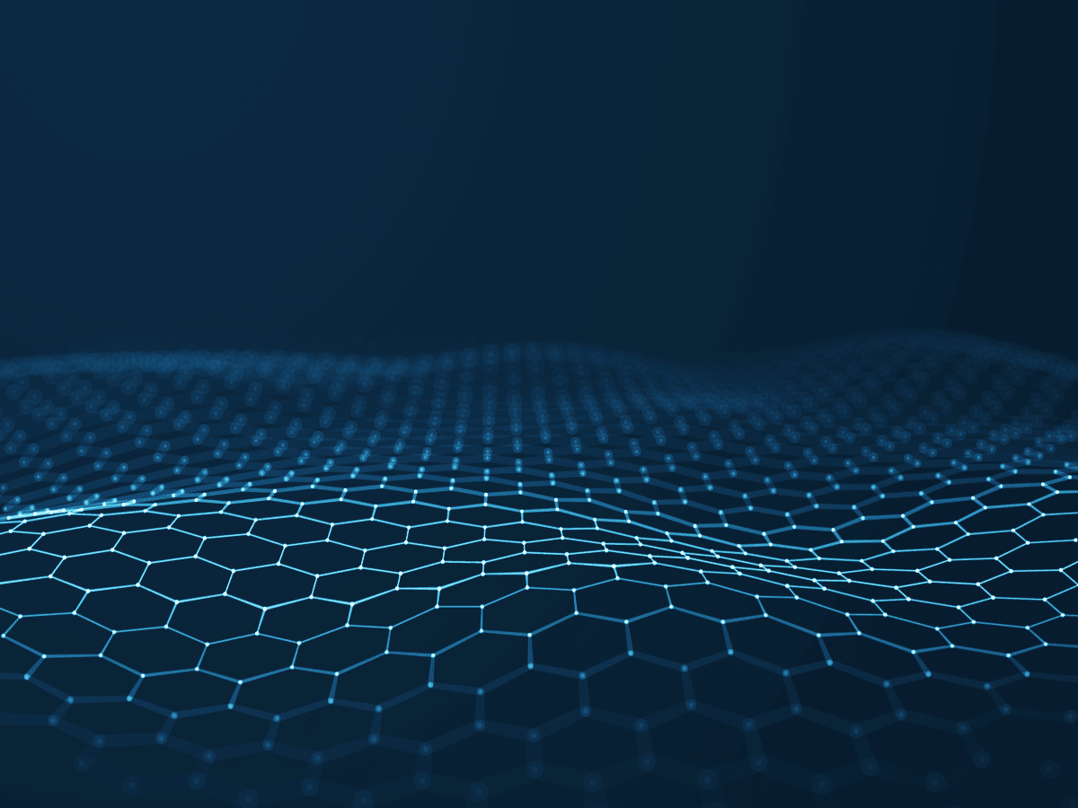 This illustration shows thin pale blue lines in the shape of flowing hexagons with pale blue dots on a darker blue background. It elicits a sense of abstract high-tech. This image relates to content about the AML software and GRC software solutions of AML Partners and its RegTechONE platform for AML software.