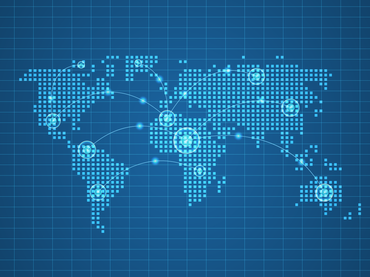 This illustration shows a digital-style version of a global map with the countries formed by arrays of tiny squares, sort of like pixels. The pale tiny squares that illustrated continents are on a darker blue background. It elicits a sense of abstract high-tech related to global locations and global reach. This image relates to content about the AML software and GRC software solutions of AML Partners and its RegTechONE platform for AML software.