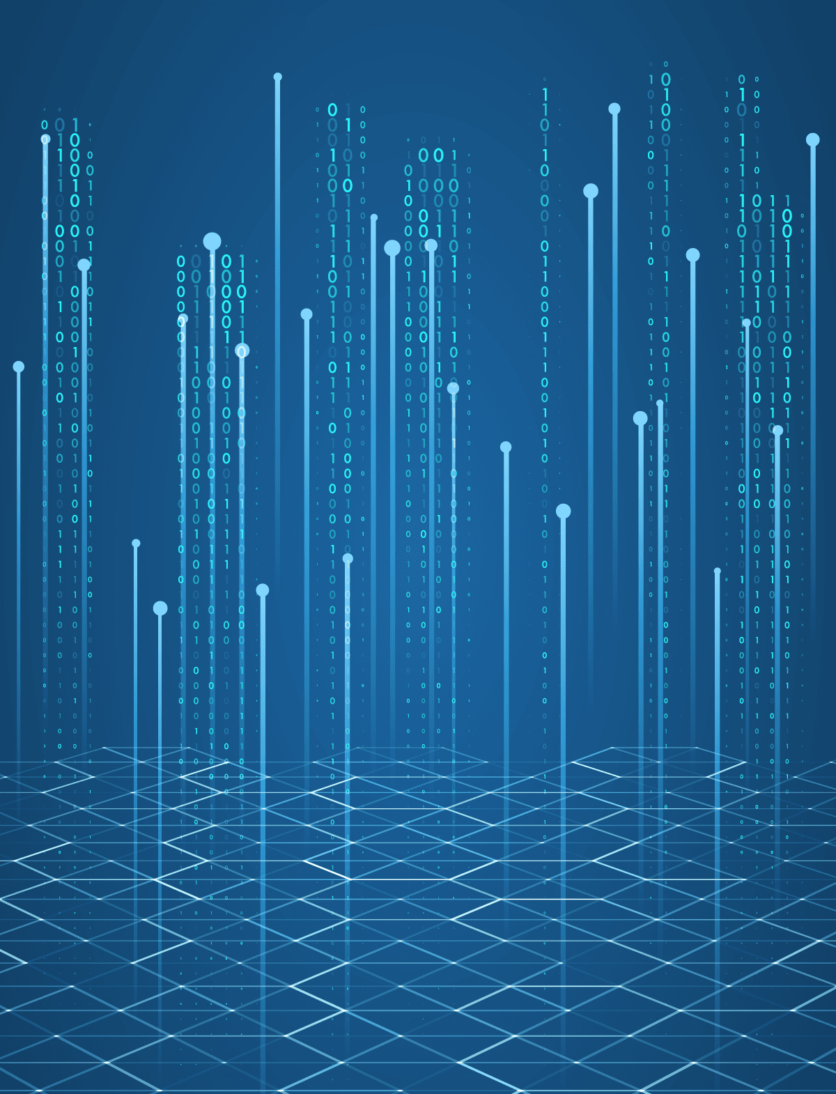 This illustration shows thin pale blue lines with pale blue dots and also ones and zeroes cascading vertically on a darker blue background. It elicits a sense of abstract high-tech. This image relates to content about the AML software and GRC software solutions of AML Partners and its RegTechONE platform for AML software.