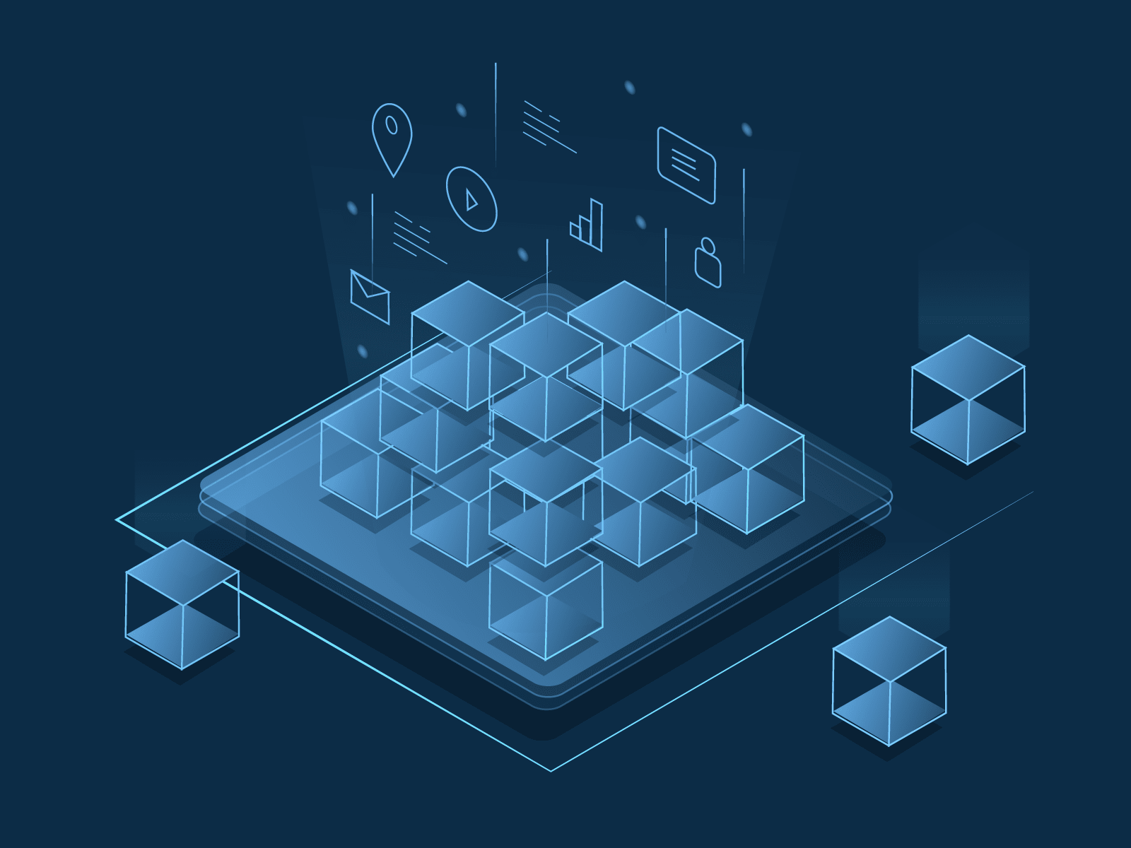 This art shows stacked 3-d blue squared with symbols floating above that reference technology and application icons. The blocs are stacked in a pyramid with extra blocks around the outside. The effect is abstract but clearly referencing organized technology. The art is shared on the website of AML Partners. AML Partners designs RegTech platform software, AML software, KYC software, and more AML Compliance solutions and GRC tools.