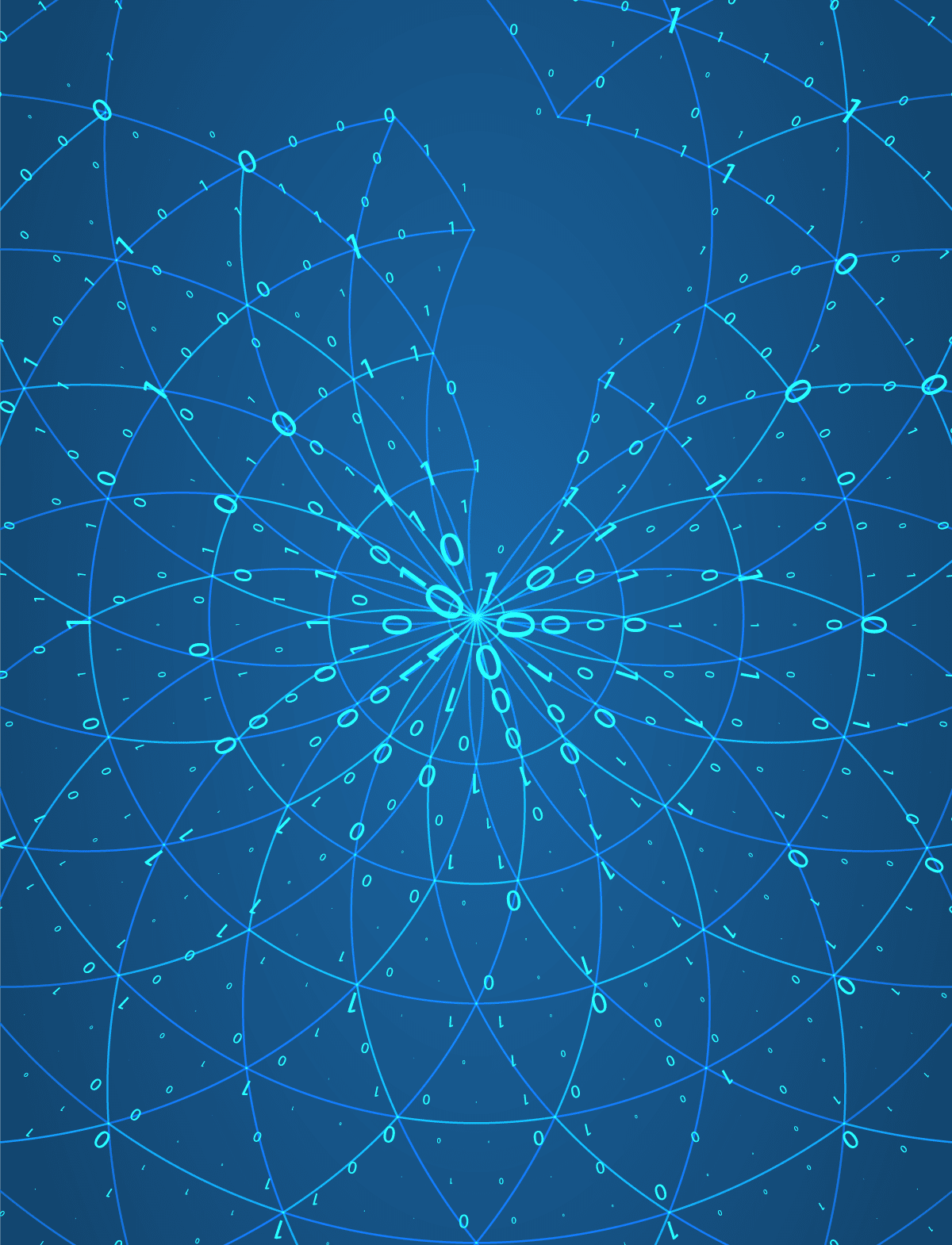 This illustration is a visually arresting arrangement of thin pale blue lines on a darker blue background. The lines are in concentric circles but two sets of concentric circles that overlay each other. There are ones and zeros along all the lines. It elicits a sense of abstract high-tech connectivity and intersectionality. This image relates to content about the AML software and GRC software solutions of AML Partners and its RegTechONE platform for AML software.