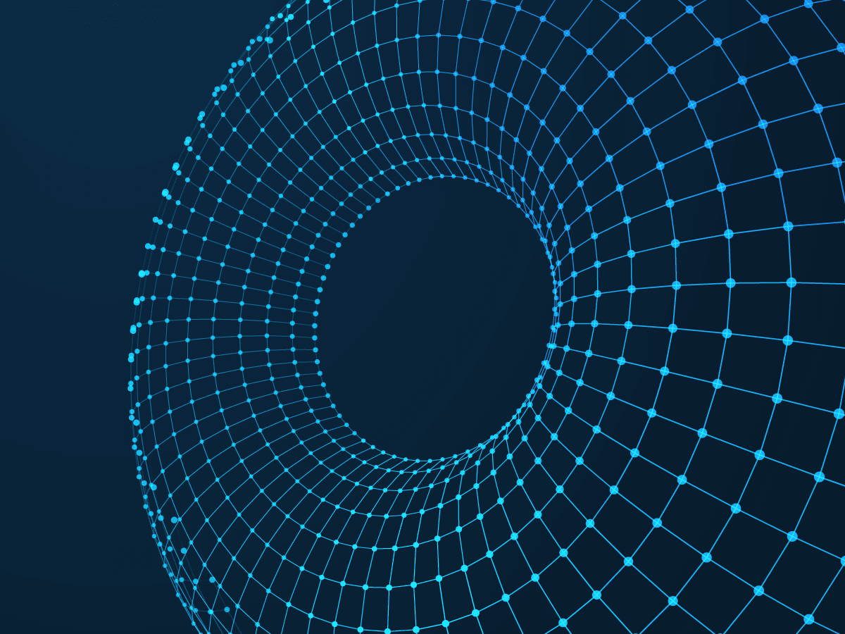 This illustration shows thin pale blue lines with pale blue dots on a darker blue background. These lines that are connected by dots are in the shape of a donut, with a 3-d effect that draws the eye to the center of the donut shape. It elicits a sense of abstract high-tech. This image relates to content about the AML software and GRC software solutions of AML Partners and its RegTechONE platform for AML software.