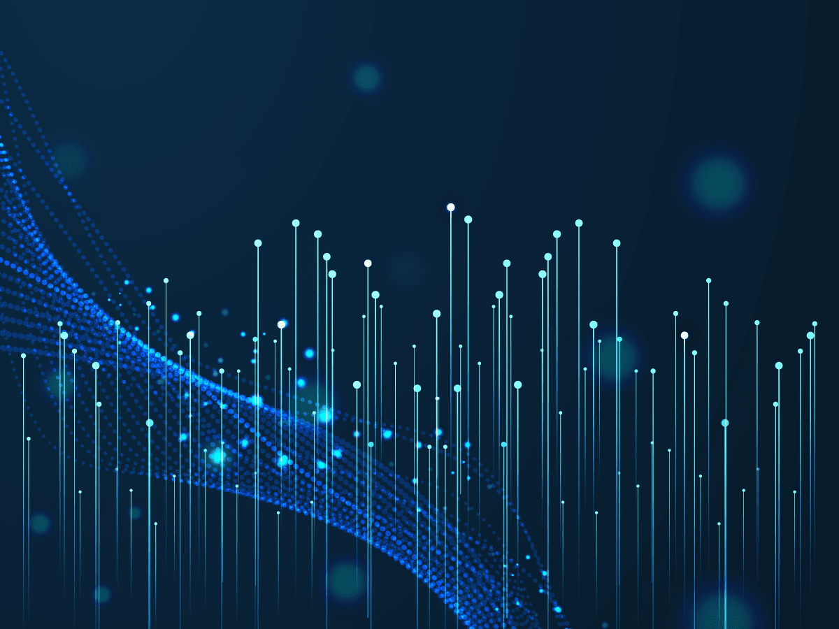 This illustration shows thin pale blue lines with pale blue dots on a darker blue background. It elicits a sense of abstract high-tech. This image relates to content about the AML software and GRC software solutions of AML Partners and its RegTechONE platform for AML software.