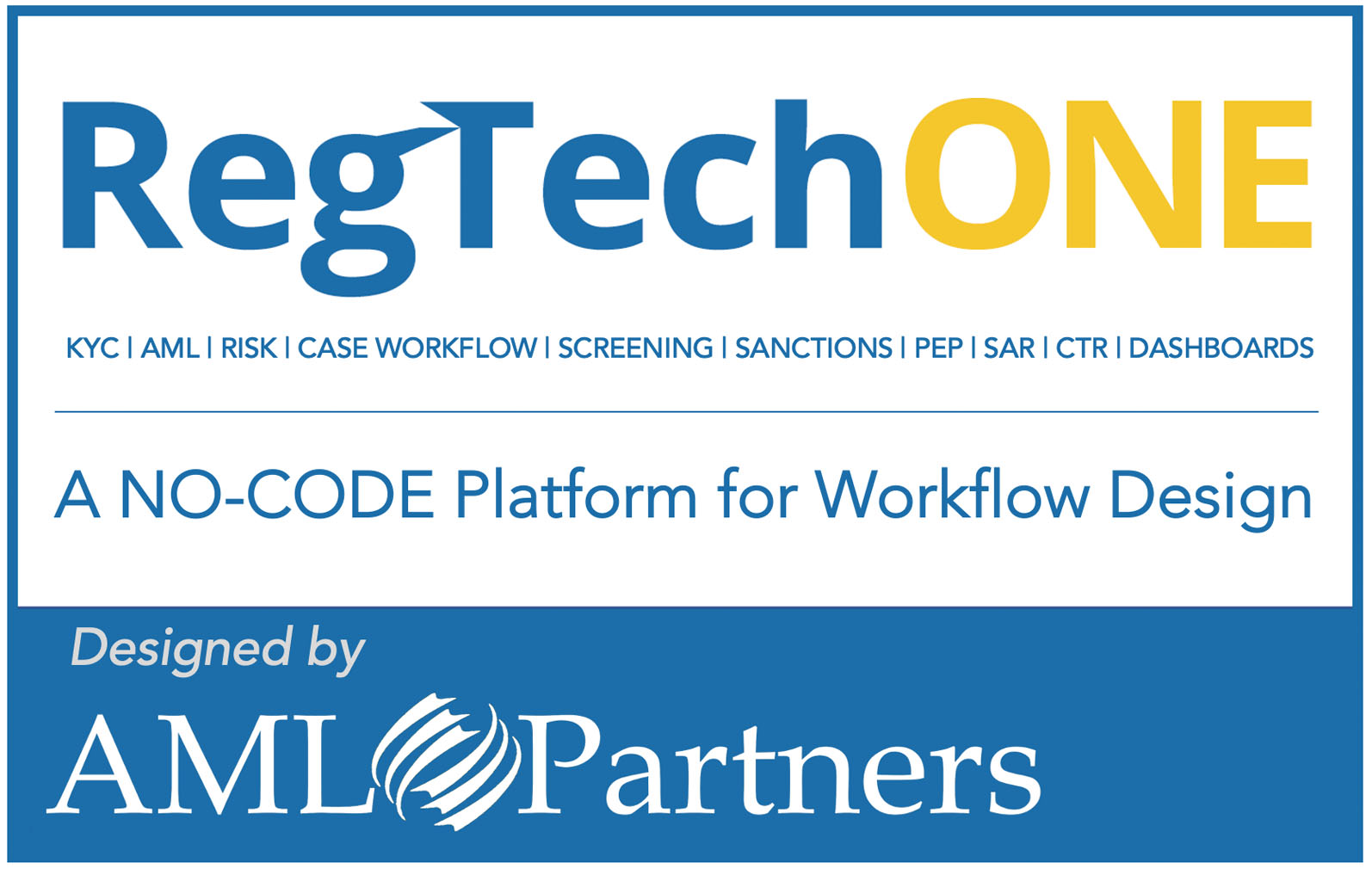 This is logo art. It includes the logos of AML Partners and its RegTechONE platform. The tagline "A no-code platform for workflow design" is under the RegTechONE logo, as is the different types of modules and uses. These include KYC, AML, Risk, case workflow, screening, sanctions, PEP, SAR, CTR, and dashboards.