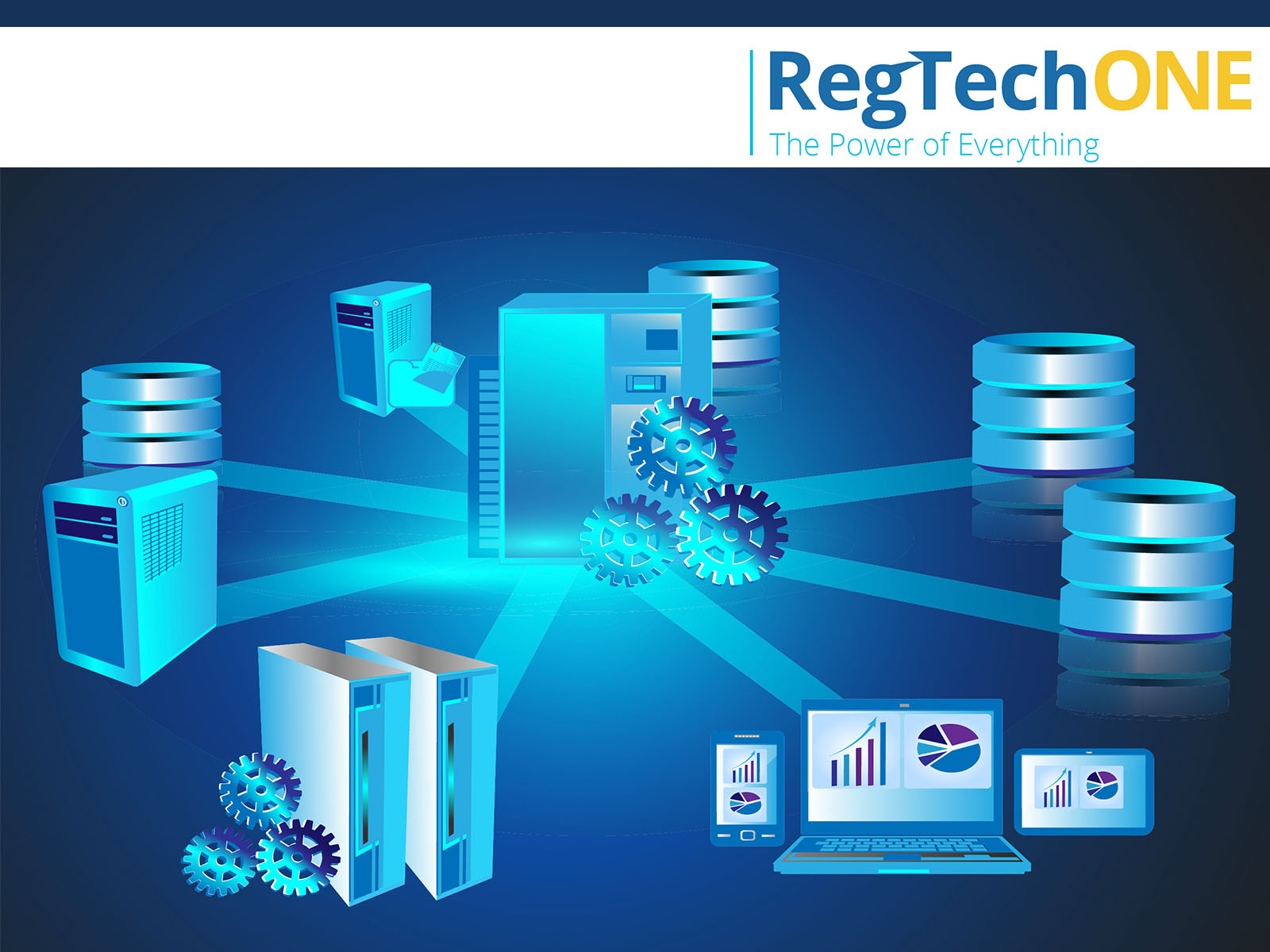 This art is intended to illustrated the concept of hub-and-spoke centralized control for KYC and AML. Centralized control is made possible on the RegTechONE platform for AML software and KYC software. The art is in tones of blue, and it shows a server and gears in the center with spokes out to computers, servers, laptops, etc.
