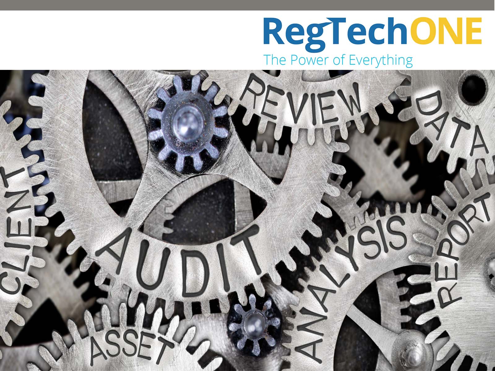 This art shows many silver gears (like watch gears). Text on the gears refers to the work of Governance Risk and Compliance in AML and related. The text etched into the gears includes the following words: audit, asset, analysis, report, client, review, and data.