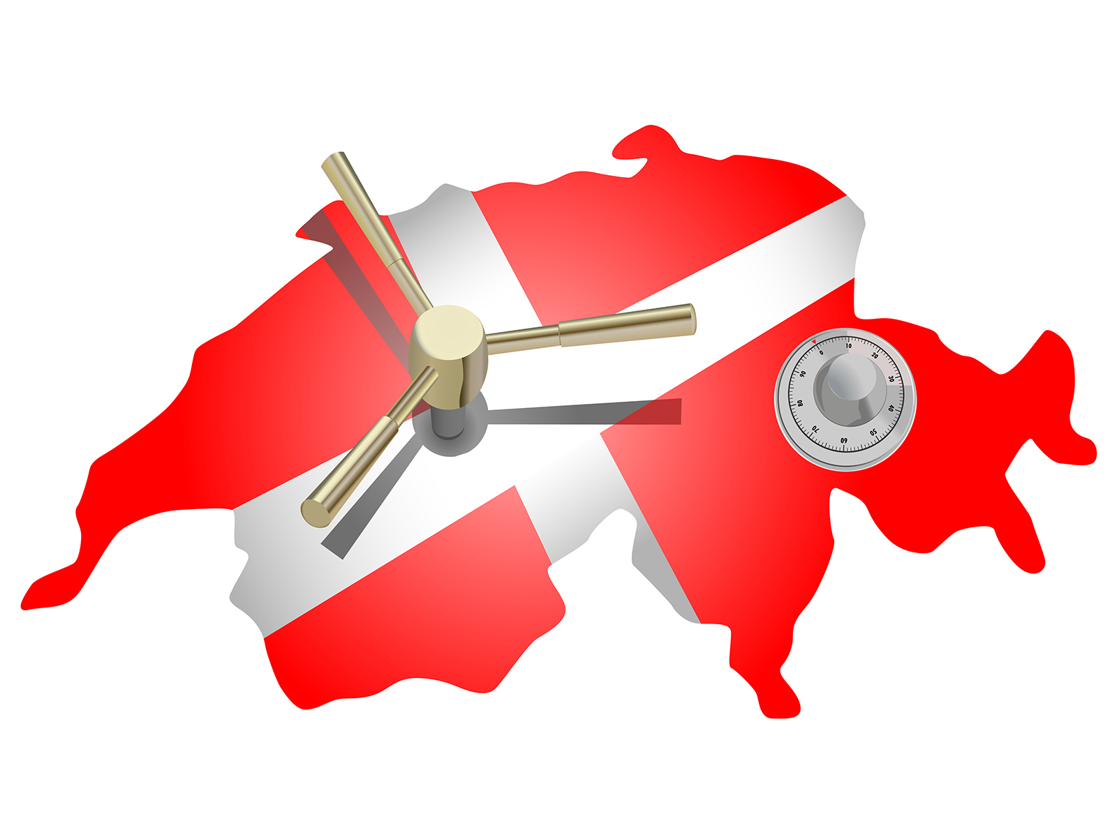 AML Compliance story. Art shows a cutout of a Swiss flag with a vault handle and lock imposed on it. Reference to Swiss AML Compliance laws, KYC AML, UBOs, etc.