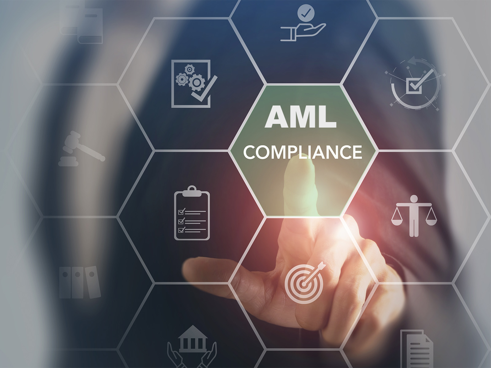 AML Compliance platform solution--Art shows a hexagon-filled field. Each hexagon has an icon related to AML Compliance (KYC CDD, screening, sanctions screening, onboarding, transaction monitoring, etc.). 