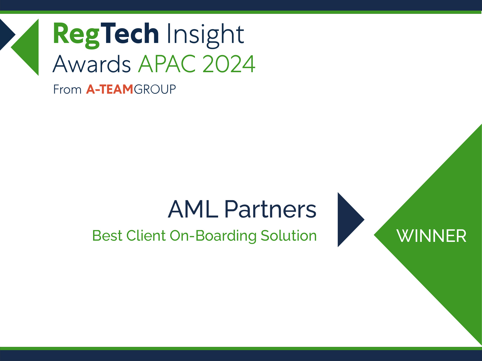 AML Partners' RegTechONE--RegTech platform for KYC onboarding and AML Compliance. Image is an award certificate to AML Partners for Best Client Onboarding at the RegTech Insight Awards APAC 2024.