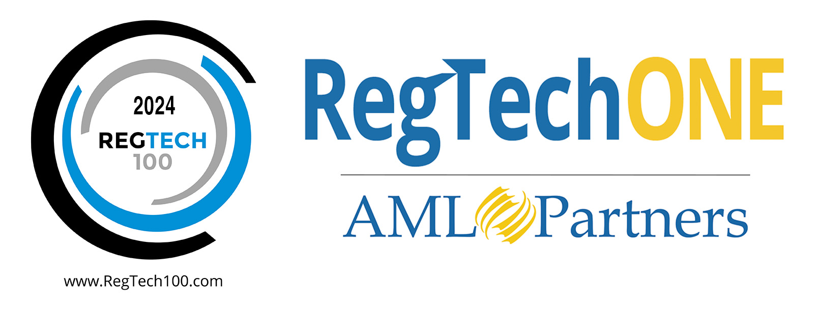 RegTechONE And AML Partners named a RegTEch 100 firm for 2024. Art shows logos for company and award.