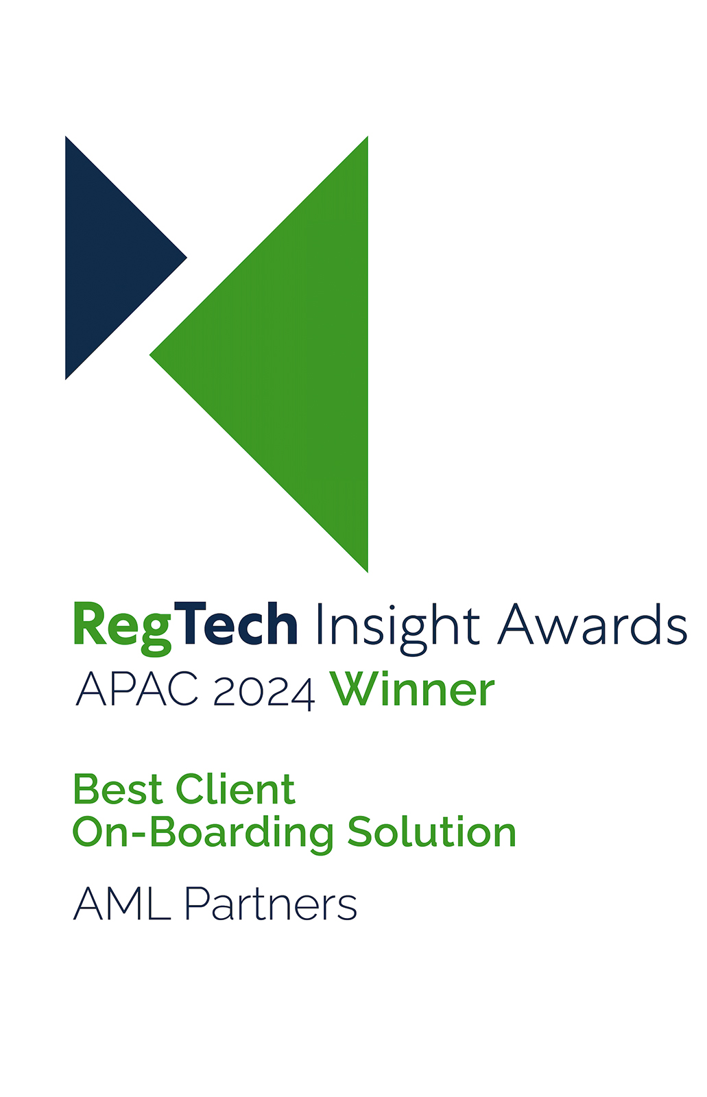 Art shows the logo of the RegTech Insight APAC Region awards program for 2024 and the logo of AML Partners and their RegTechONE platform for AML Compliance, GRC, KYC/CDD onboarding, and related Risk Management. AML Partners and RegTechONE named Best Client Onboarding Solution.