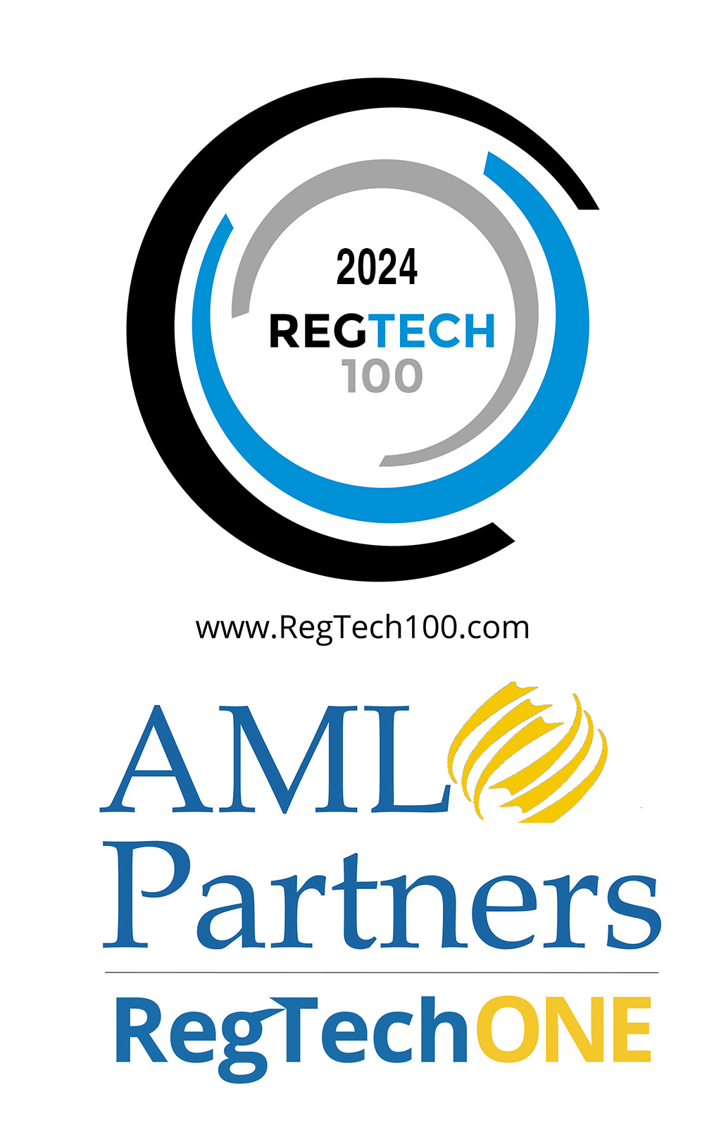 Art shows the logo of the RegTech100 program for 2024 and the logo of AML Partners and their RegTechONE platform for AML Compliance, GRC, KYC/CDD onboarding, and related Risk Management.