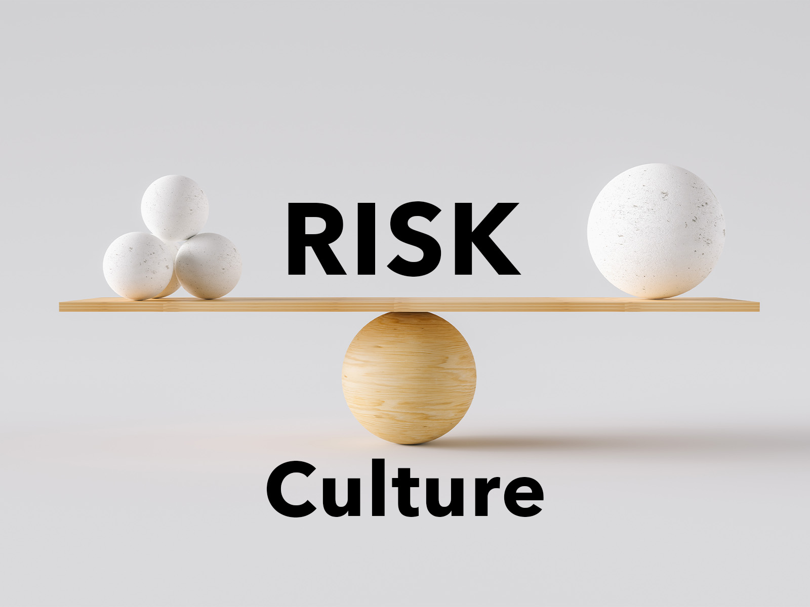 Art shows a balance board on a wooden ball. There are smaller things on one side of the balance board and a single large item on the other side. Illustration supports article on Risk Culture in financial institutions.