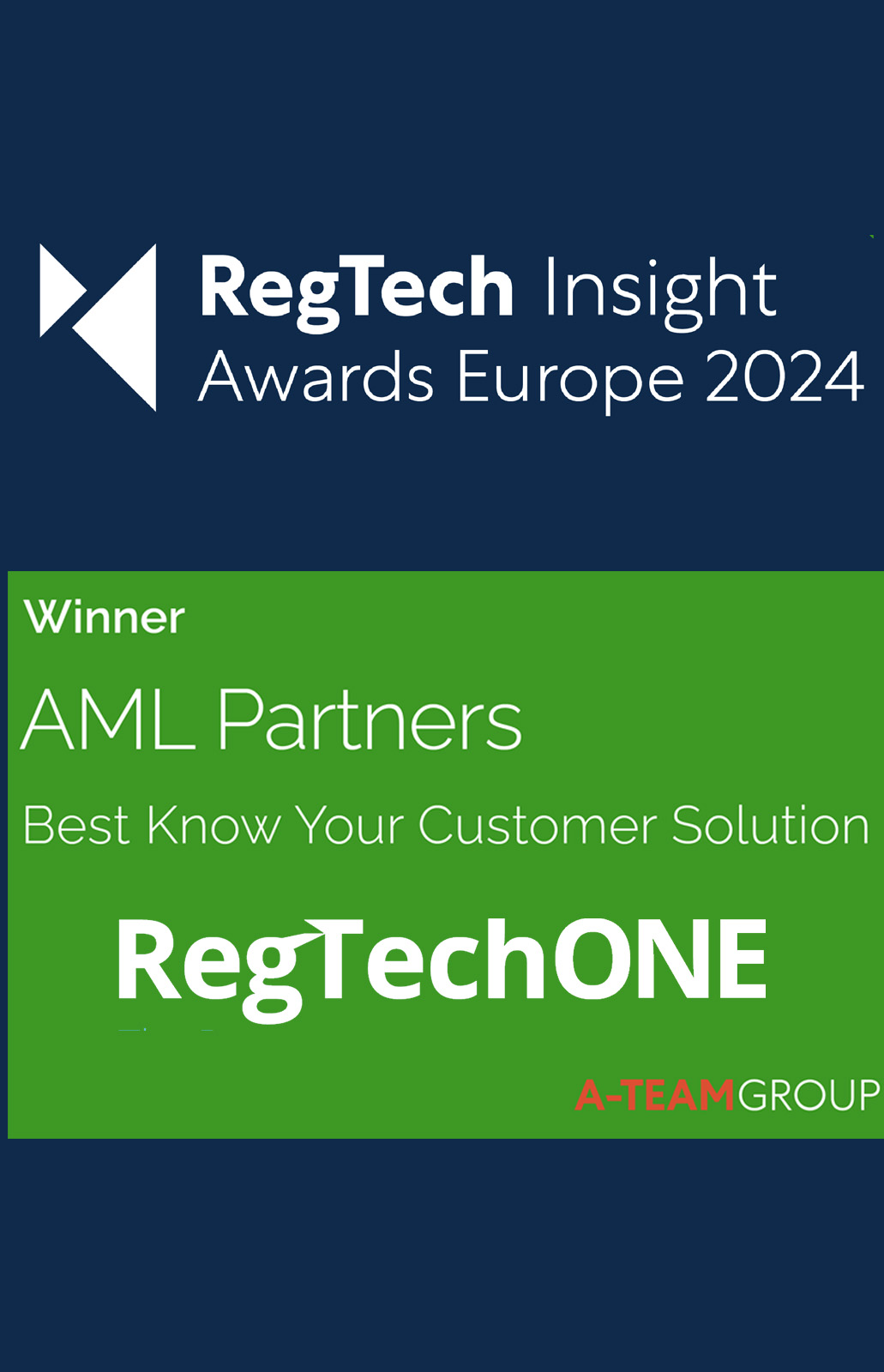 Navy rectangle with text: RegTechONE platform names best KYC onboarding solution for Europe 2024 RegTech Insight awards