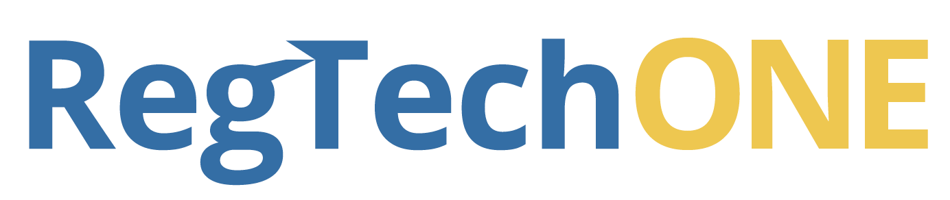 Logo text for RegTechONE, a RegTech platform for workflow orchestration for AML Compliance, AML/KYC, KYC/CDD, Risk Management