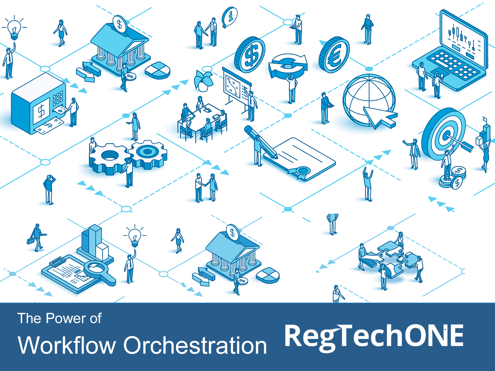 Image shows integration of functions and workflows in a financial institution. Illustrating workflow orchestration using RegTechONE platform for AML/KYC.