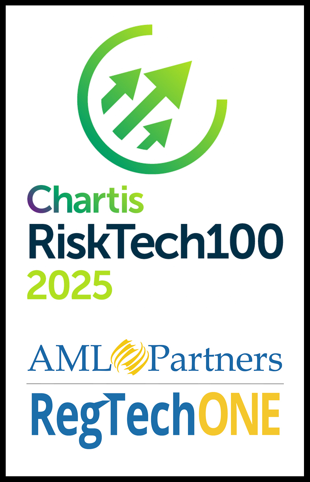 Image shows logos and text for Chartis RiskTech100 2025--Recognition for AML Partners and its RegTechONE platform for AML Compliance, KYC onboarding, and more.