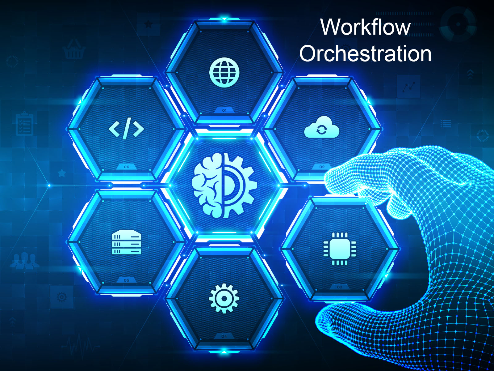 Image shows tech icons in a pattern--showing workflow orchestration concept. Art for workflow orchestration for AML Compliance and GRC.