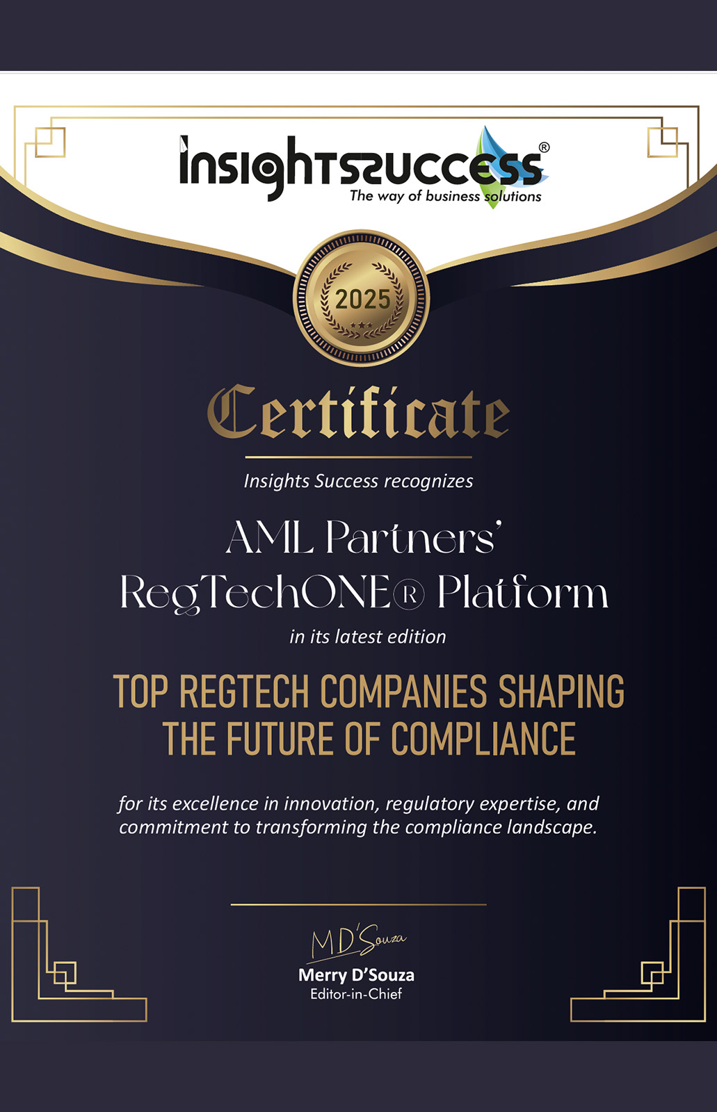 Insight Success Magazine Cover Story on RegTechONE and AML Partners