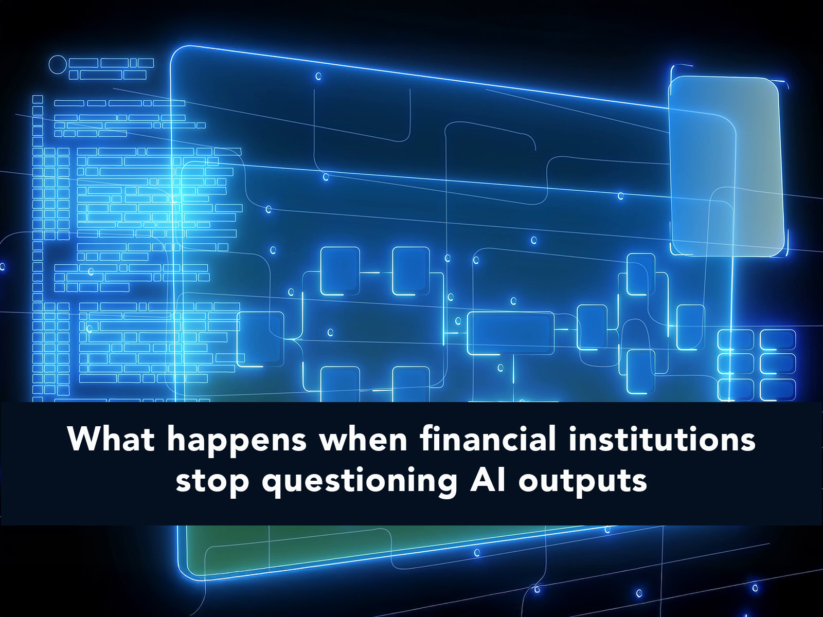 Image is an illustration implying  The hidden operational risks of AI adoption in regulated industries. Colors: blue, navy, black with white text