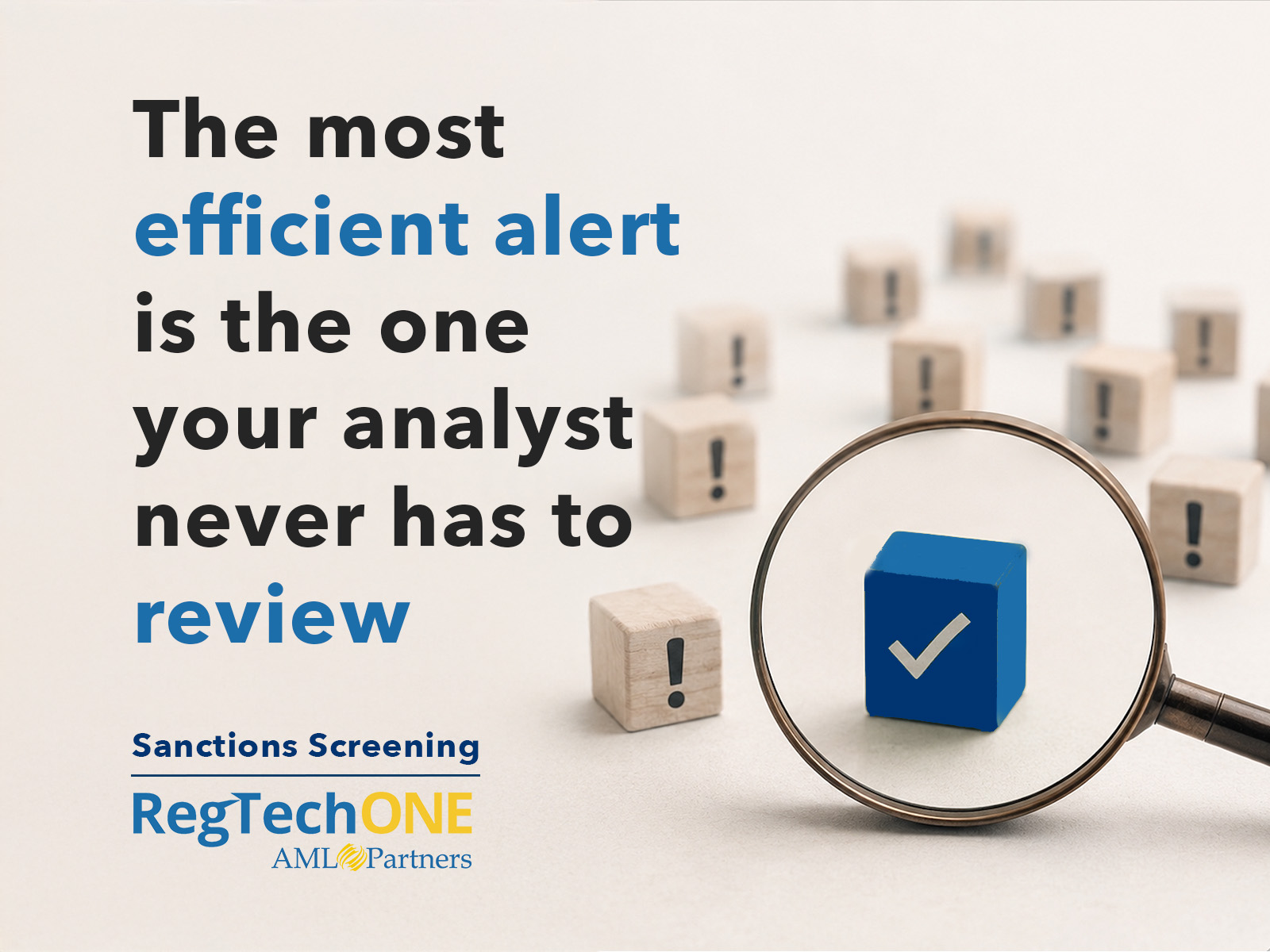 Sanctions screening false-positive remediation art--magnifying glass over a blue block with a checkmark. 