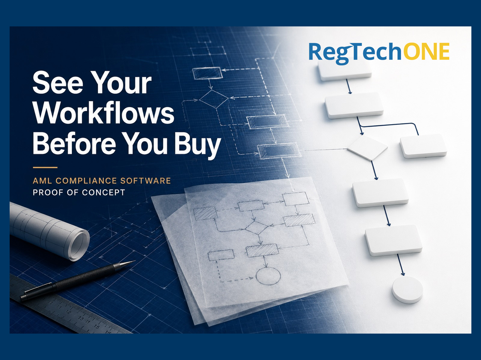 Conceptual illustration of a workflow blueprint becoming an operational process, representing how an AML compliance software proof of concept lets financial institutions evaluate their own workflows before purchasing.