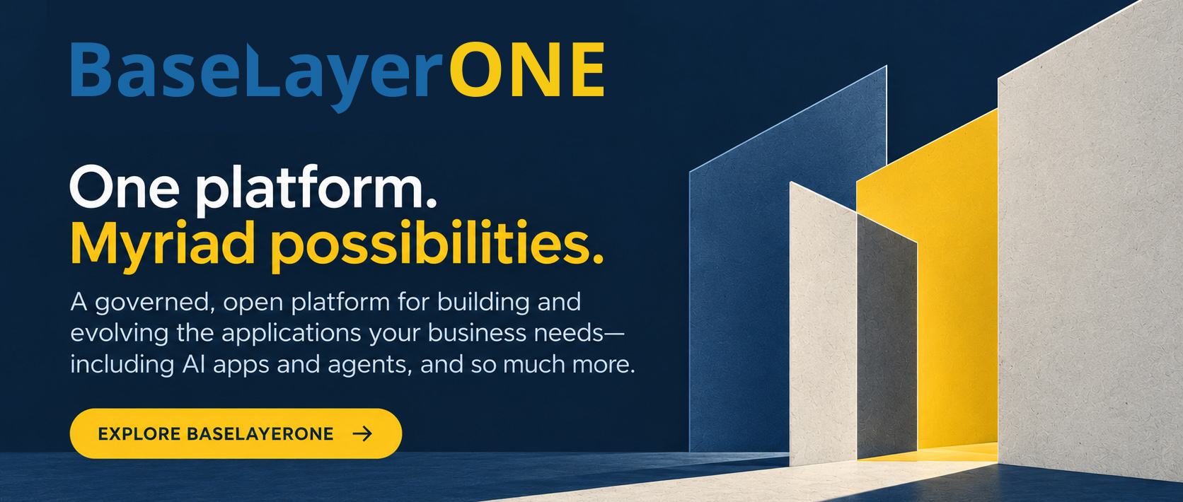 BaseLayerONE Platform for Business Applications with AI agents and AI apps. Art shows text and logo on a navy background.