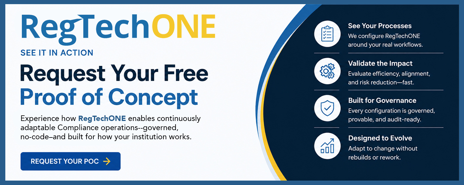 Promo art for RegTechONE AML Platform Free Proof of Concept--icons and text. Schedule free proof of concept with AML Partners.